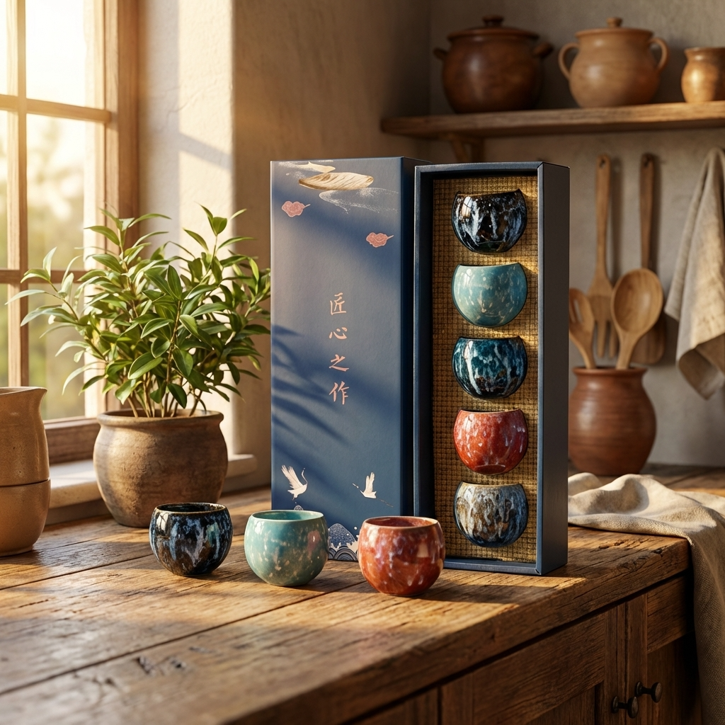 Ceramic Cup Gift Set | 5 Piece Reactive Glaze Espresso and Tea Cups | Premium Gift Box Included
