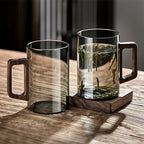 Smokey Glass Coffee Cup with Wooden Handle | Set of 4 | 400ml Gray Glass Coffee and Tea Cups