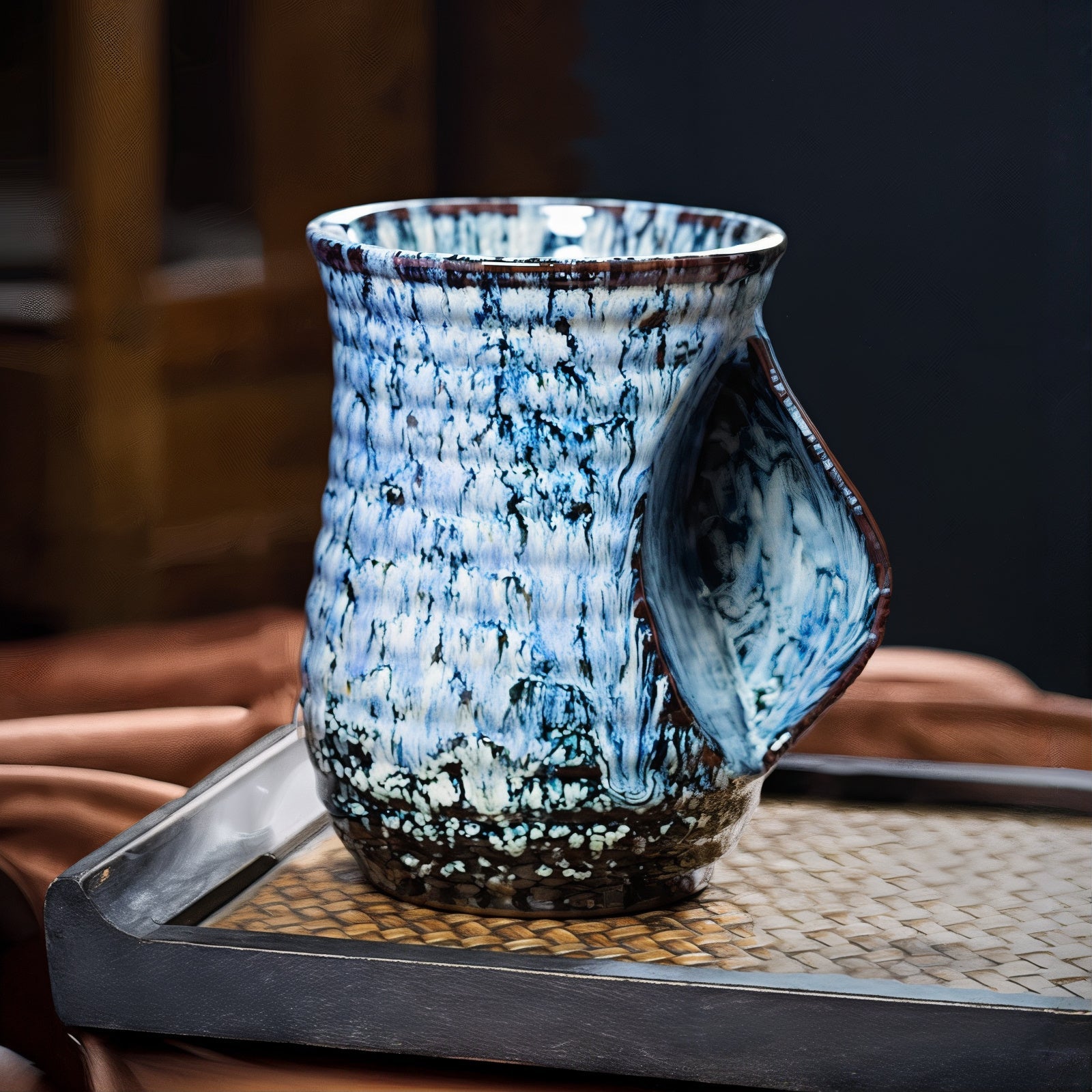 Abstract Ceramic Coffee Cups | Set of 4 Large 500ml Cups | Dark Blue, Light Blue, Turquoise and White