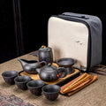 Japanese Tea Set | 10 Piece Black Ceramic Teapot and Cup Set | Bamboo Tray and Travel Bag Included