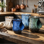 Abstract Ceramic Coffee Cups | Set of 4 Large 500ml Cups | Dark Blue, Light Blue, Turquoise and White