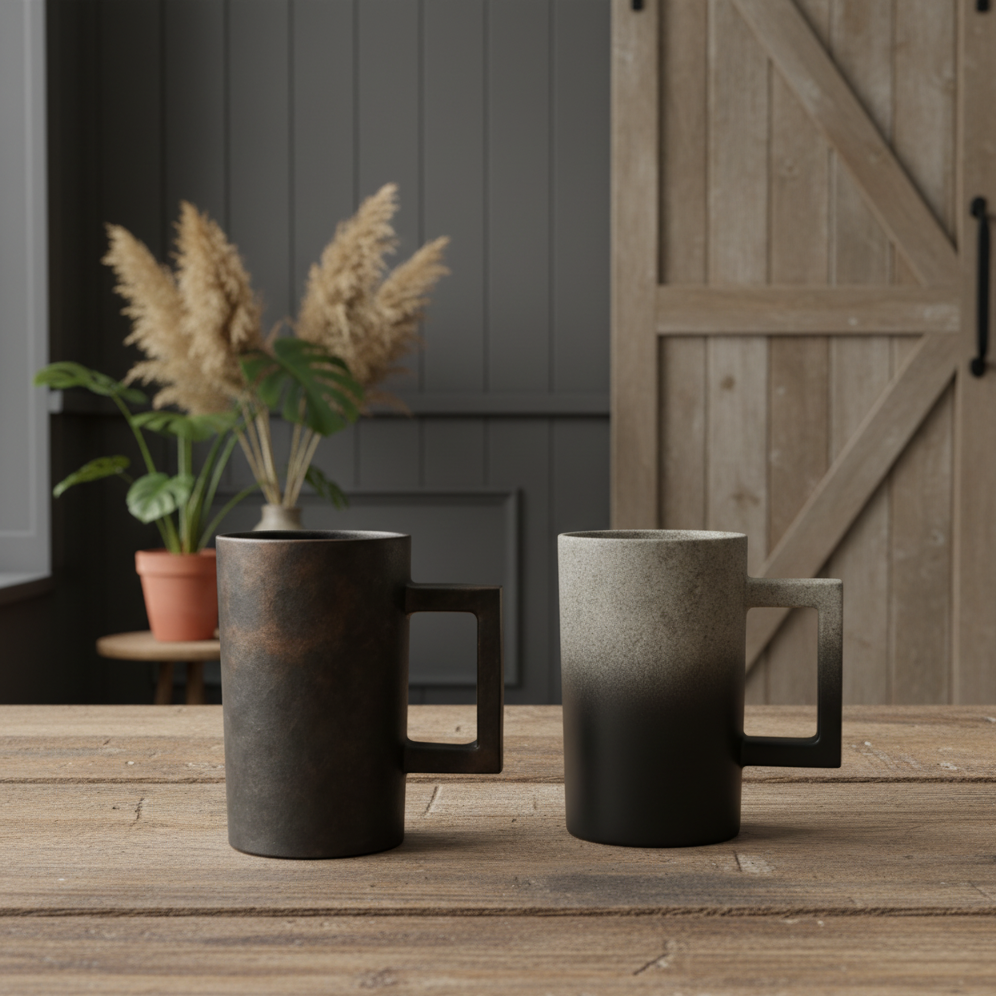 Vintage Industrial Coffee Cup Set | 4 Piece Ceramic Cups | 4 Distinct Designs | 380ml
