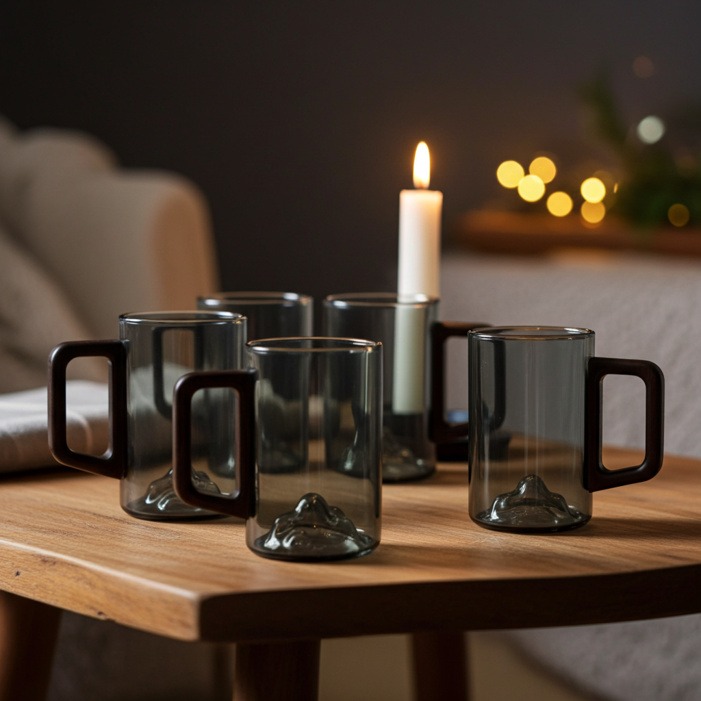 Smokey Gray Glass Coffee Cup with Wooden Handle | Set of 4 Tall Glass Cups | 350ml Mountain Style