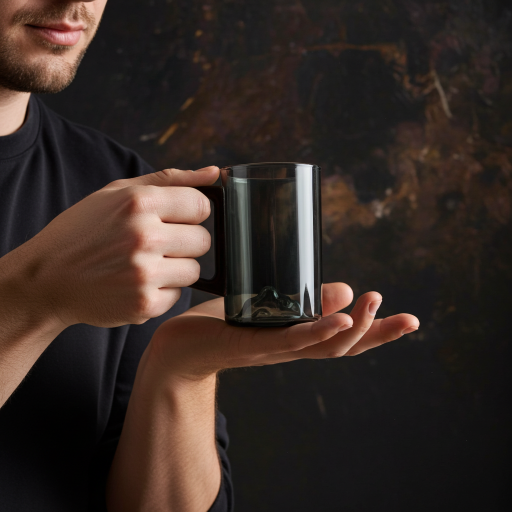 Smokey Gray Glass Coffee Cup with Wooden Handle | Set of 4 Tall Glass Cups | 350ml Mountain Style