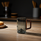 Smokey Gray Glass Coffee Cup with Wooden Handle | Set of 4 Tall Glass Cups | 350ml Mountain Style