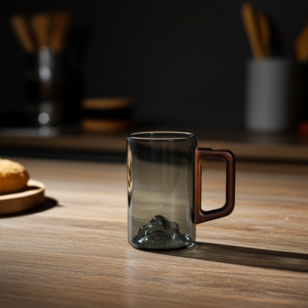 Smokey Gray Glass Coffee Cup with Wooden Handle | Set of 4 Tall Glass Cups | 350ml Mountain Style