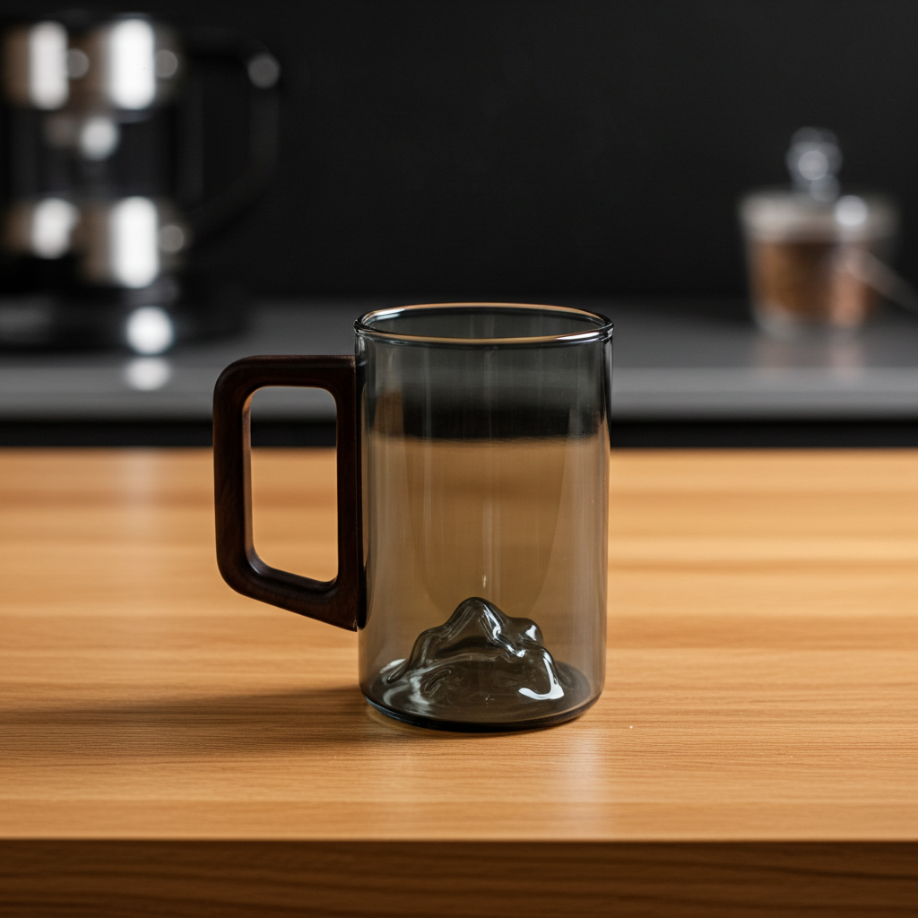 Smokey Gray Glass Coffee Cup with Wooden Handle | Set of 4 Tall Glass Cups | 350ml Mountain Style