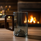 Smokey Gray Glass Coffee Cup with Wooden Handle | Set of 4 Tall Glass Cups | 350ml Mountain Style