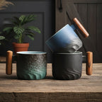 Espresso Cups with Wooden Handle | Set of 3 Vintage Ceramic Espresso Cups | Black, Green and Blue Gift Set