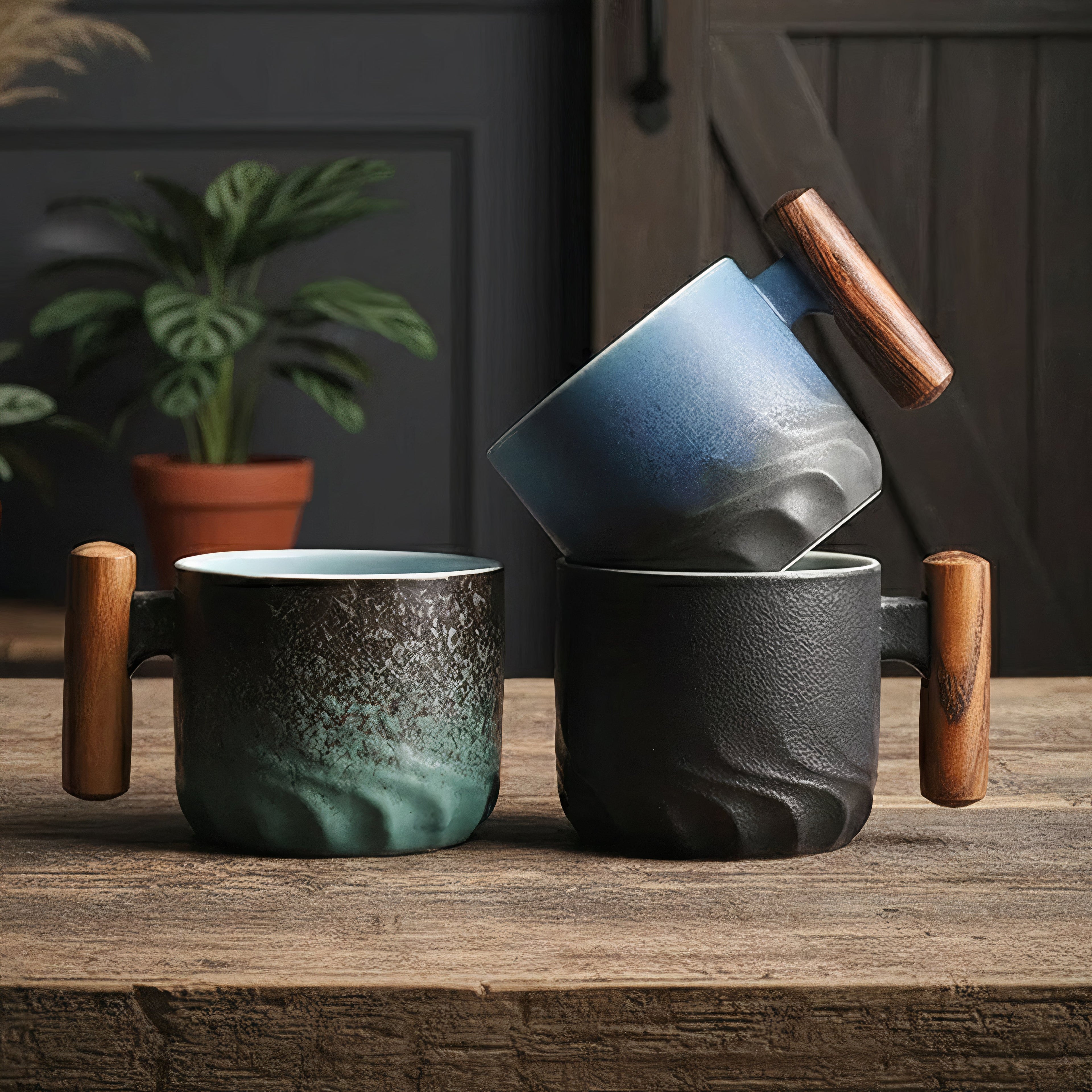 Espresso Cups with Wooden Handle | Set of 3 Vintage Ceramic Espresso Cups | Black, Green and Blue Gift Set