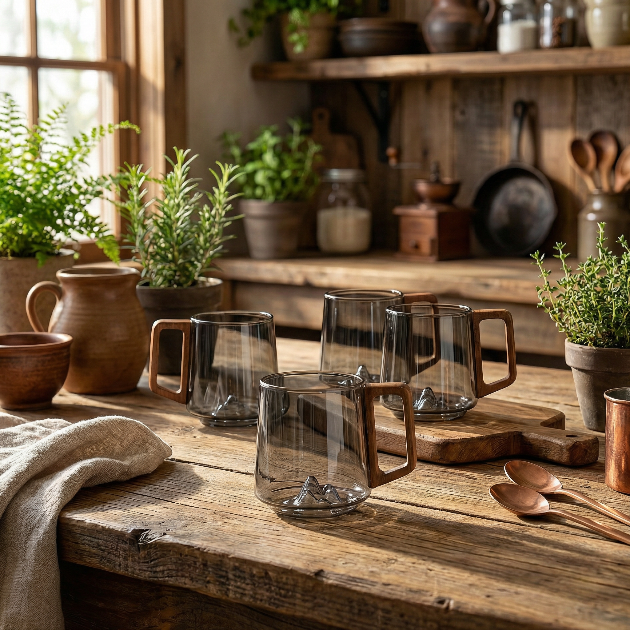 Smokey Grey Glass Slanted Coffee Cups with Wooden Handle – 450ml