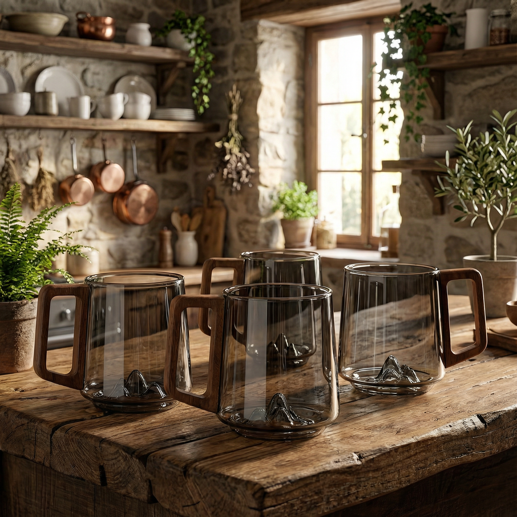 Smokey Grey Glass Slanted Coffee Cups with Wooden Handle – 450ml