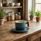 Ceramic Coffee Cups with Wooden Handle | Set of 3 Vintage Flat White Cups | Rustic Minimalist Design | 180ml