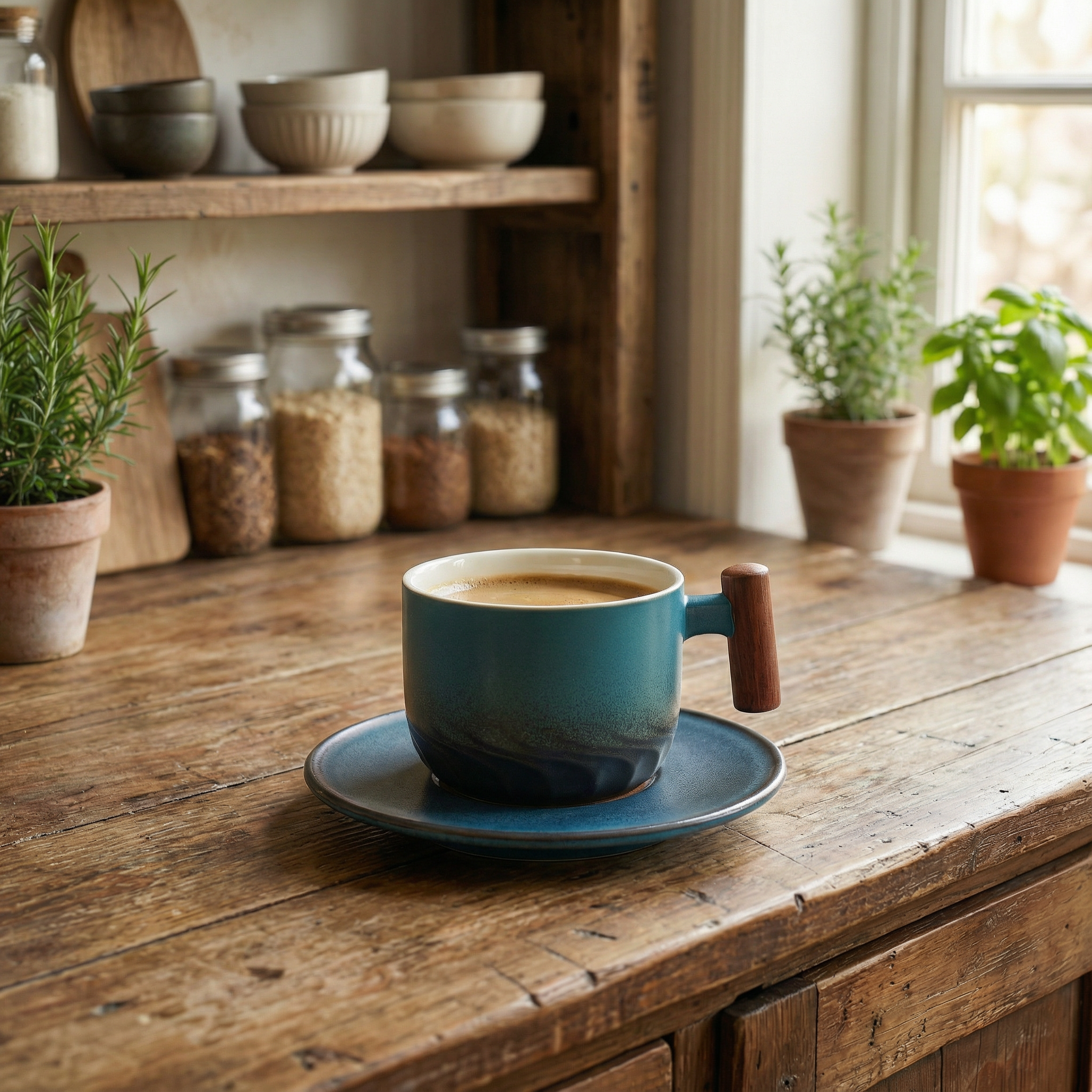 Ceramic Coffee Cups with Wooden Handle | Set of 3 Vintage Flat White Cups | Rustic Minimalist Design | 180ml