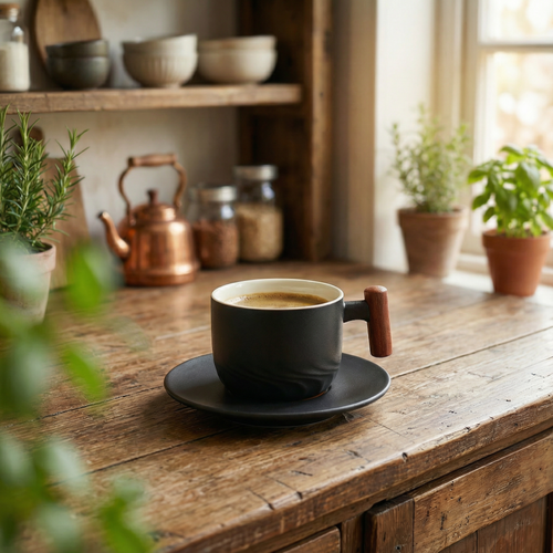 Ceramic Coffee Cups with Wooden Handle | Set of 3 Vintage Flat White Cups | Rustic Minimalist Design | 180ml