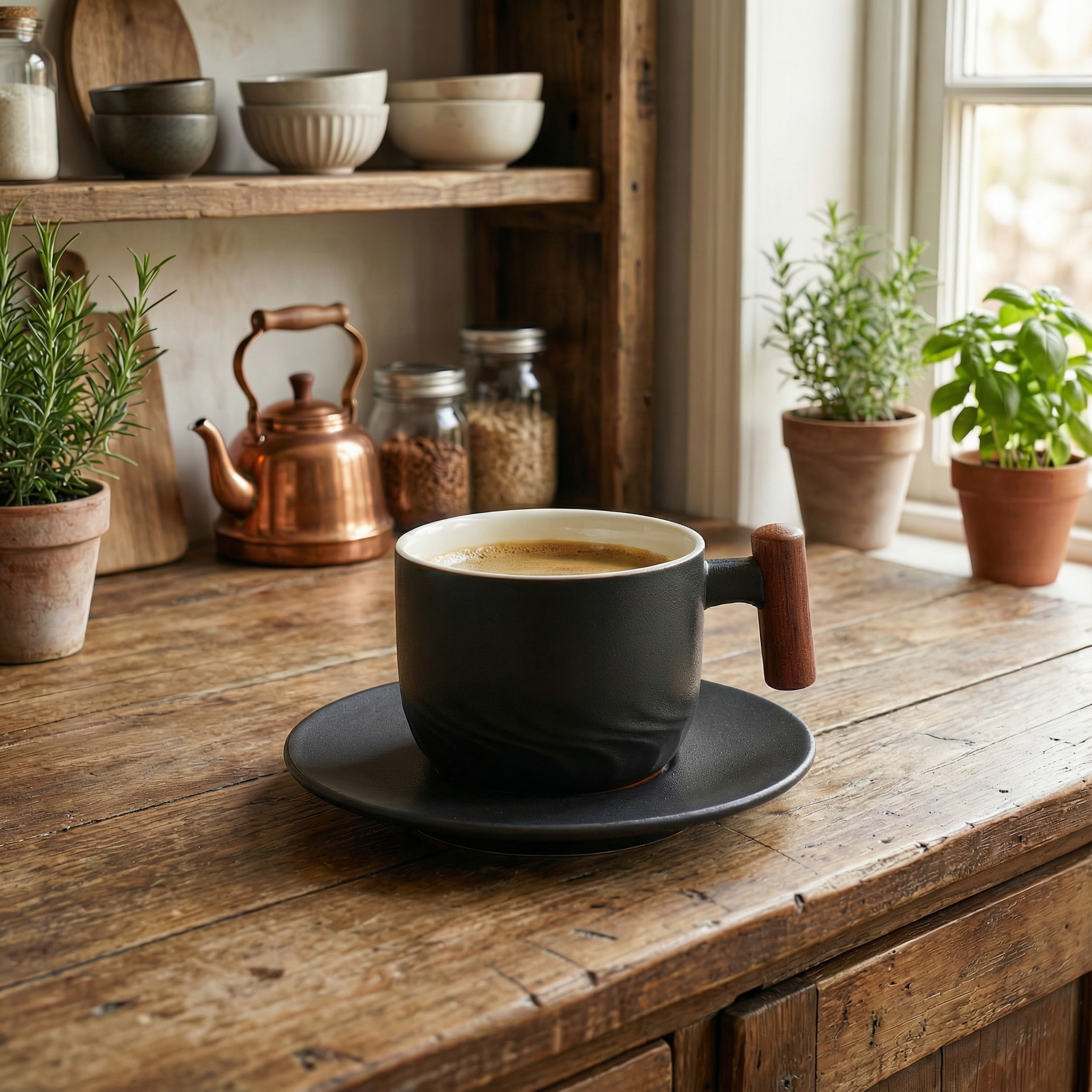 Ceramic Coffee Cups with Wooden Handle | Set of 3 Vintage Flat White Cups | Rustic Minimalist Design | 180ml