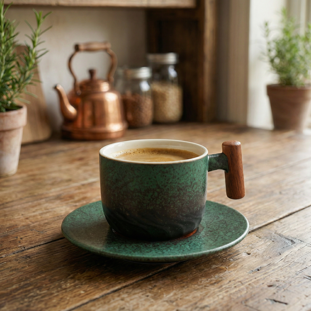 Ceramic Coffee Cups with Wooden Handle | Set of 3 Vintage Flat White Cups | Rustic Minimalist Design | 180ml