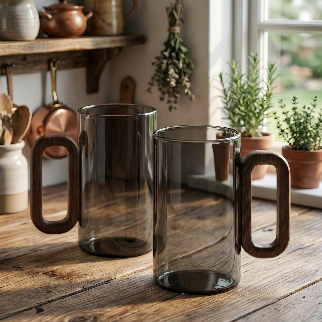 Smokey Grey Glass Slim Coffee Cups with Wooden Handle