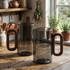 Smokey Grey Glass Slim Coffee Cups with Wooden Handle