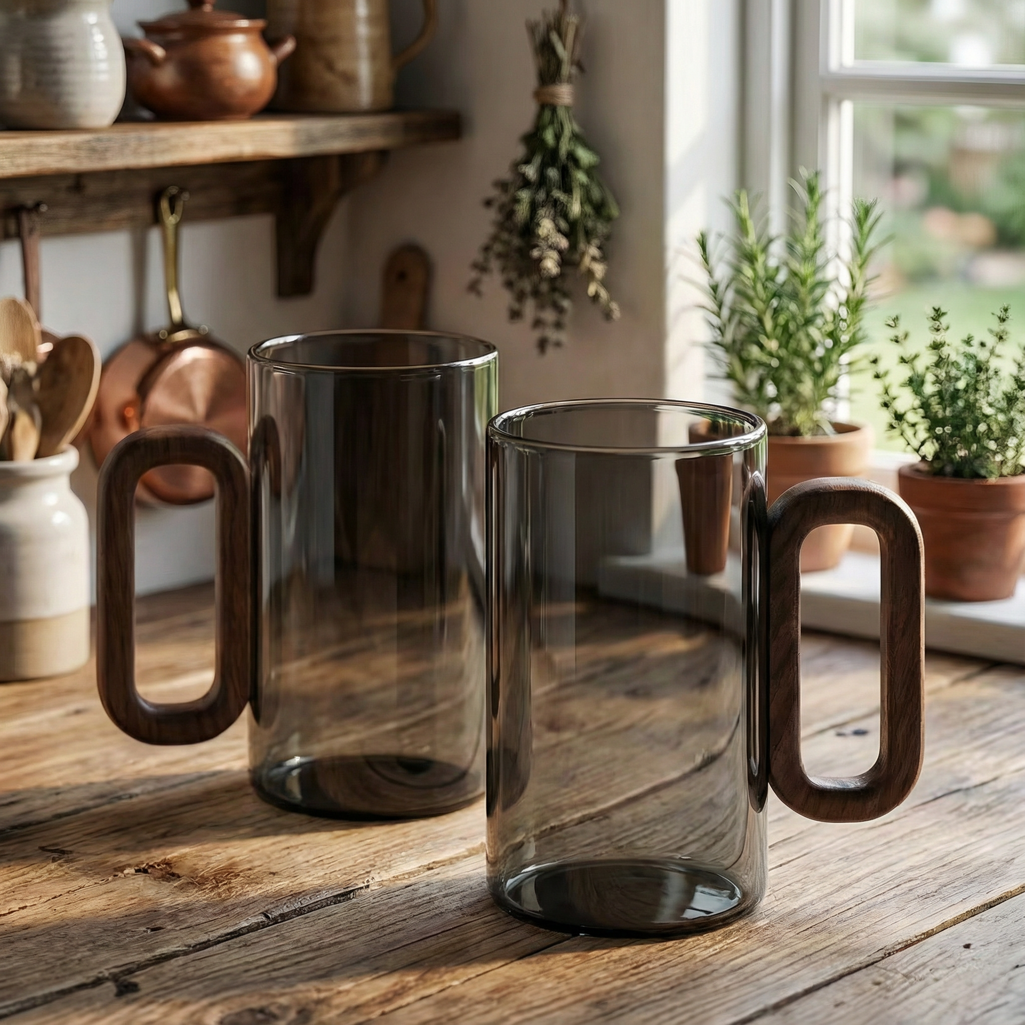 Smokey Grey Glass Slim Coffee Cups with Wooden Handle
