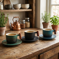 Ceramic Coffee Cups with Wooden Handle | Set of 3 Vintage Flat White Cups | Rustic Minimalist Design | 180ml