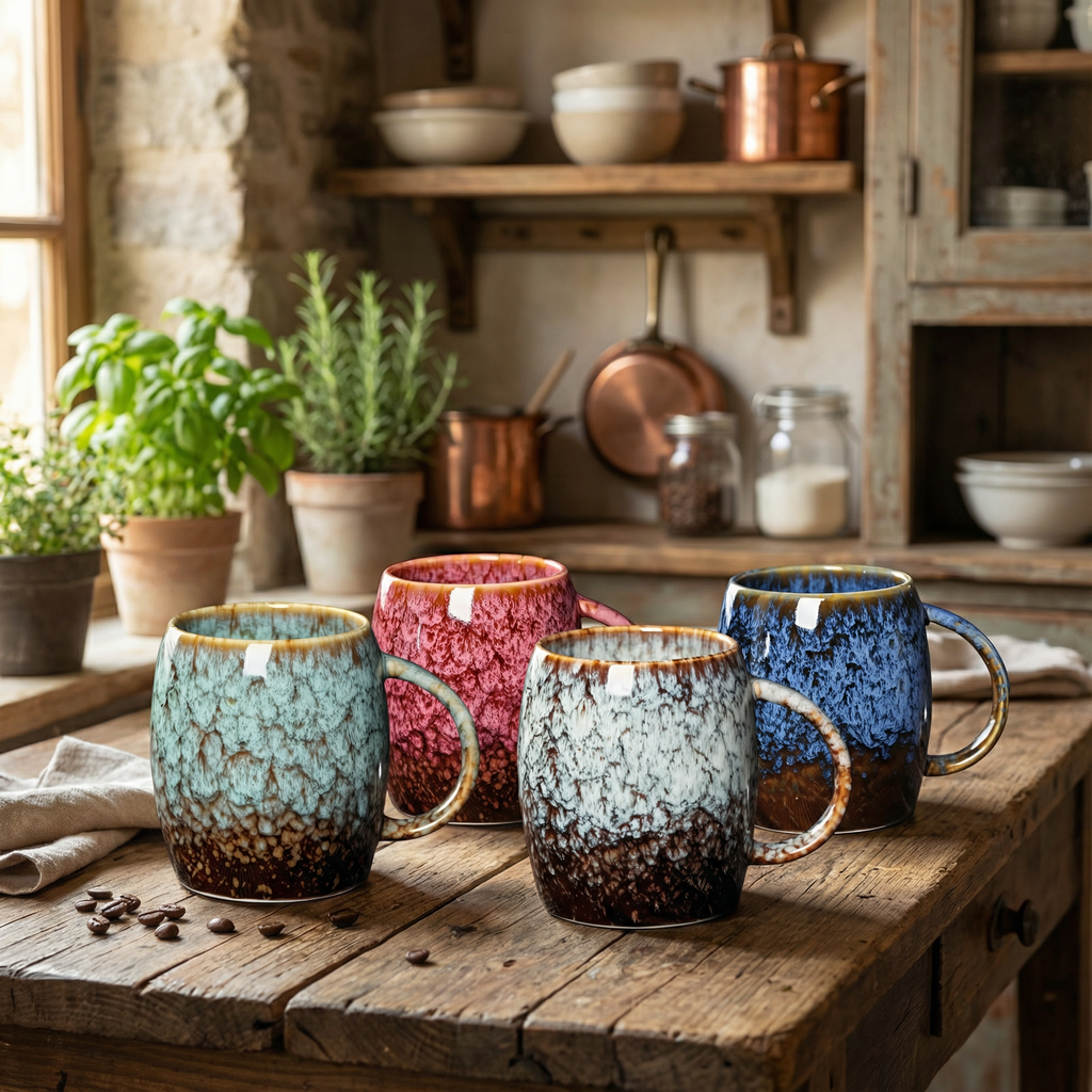 Marble Effect Coffee Cup Set | 4 Piece Colourful Ceramic Cups with Handle | Bold Retro Glaze Design | 400ml