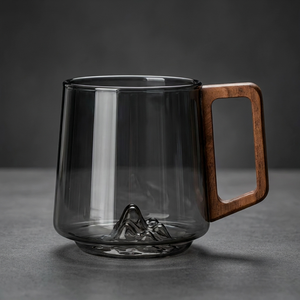 Smokey Grey Glass Slanted Coffee Cups with Wooden Handle – 450ml