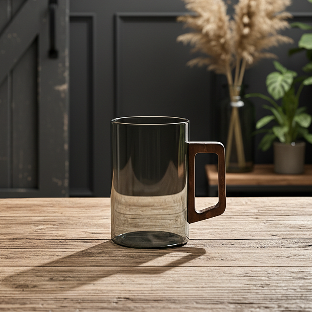 Smokey Glass Coffee Cup with Wooden Handle | Set of 4 | 400ml Gray Glass Coffee and Tea Cups