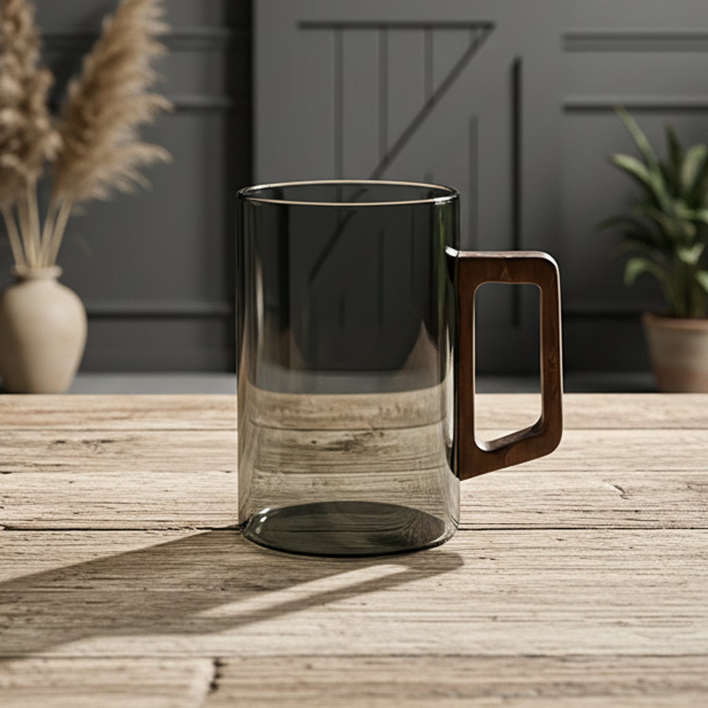 Smokey Glass Coffee Cup with Wooden Handle | Set of 4 | 400ml Gray Glass Coffee and Tea Cups