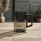 Smokey Glass Coffee Cup with Wooden Handle | Set of 4 | 400ml Gray Glass Coffee and Tea Cups