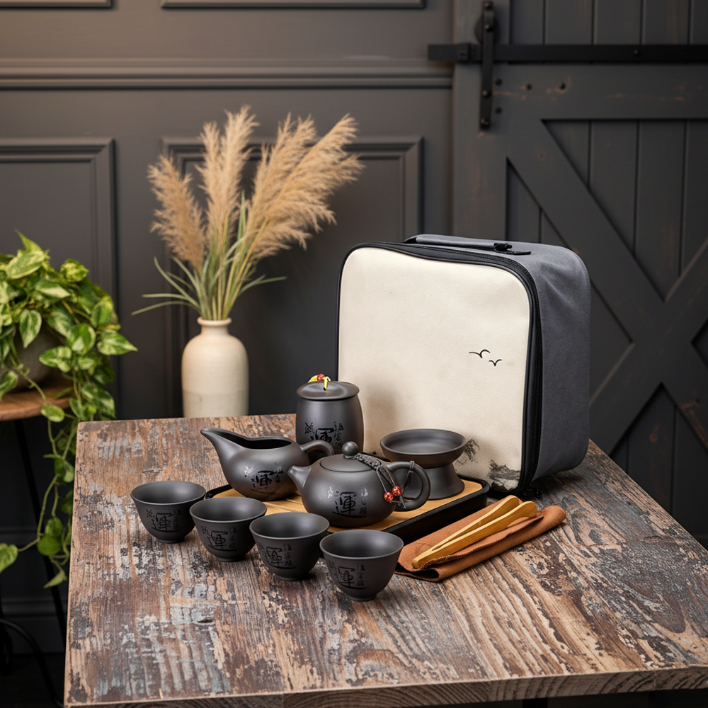 Japanese Tea Set | 10 Piece Black Ceramic Teapot and Cup Set | Bamboo Tray and Travel Bag Included