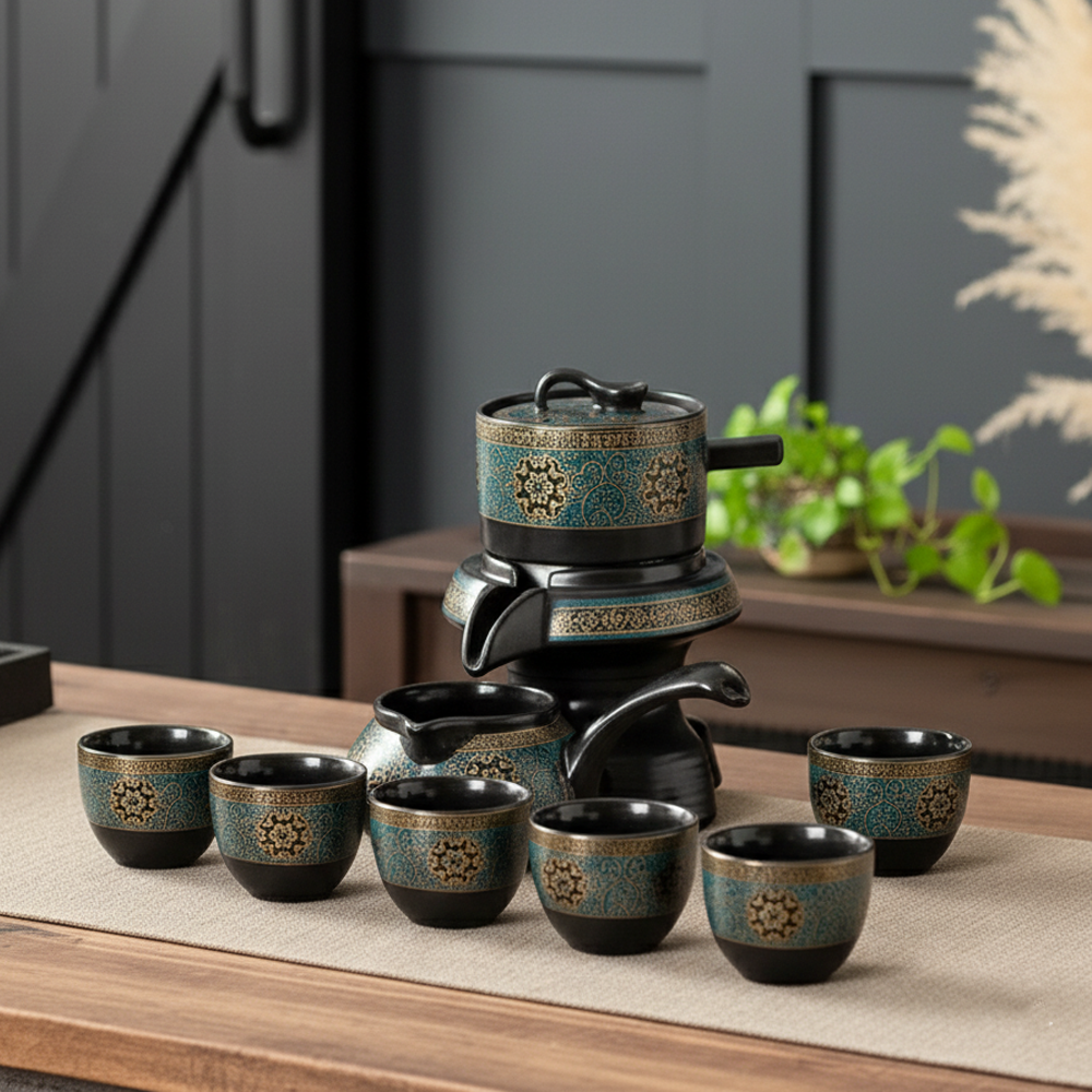 Oriental Tea Set | 10 Piece Black Ceramic Teapot and Cup Set | Vintage Style with Storage Gift Box