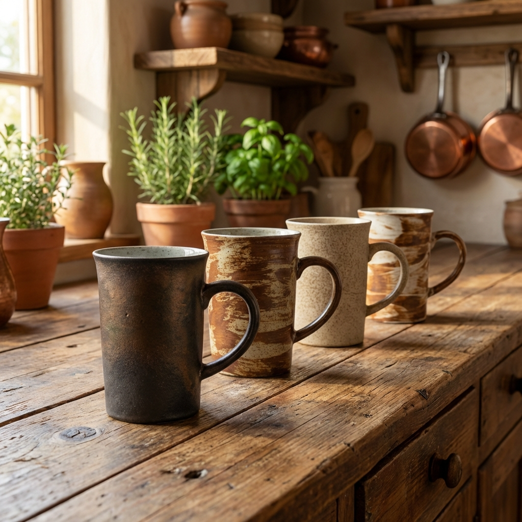Earthy Ceramic Coffee Cup Set | 4 Piece Vintage Rustic Coffee Cups | 4 Earth-Inspired Designs | 350ml