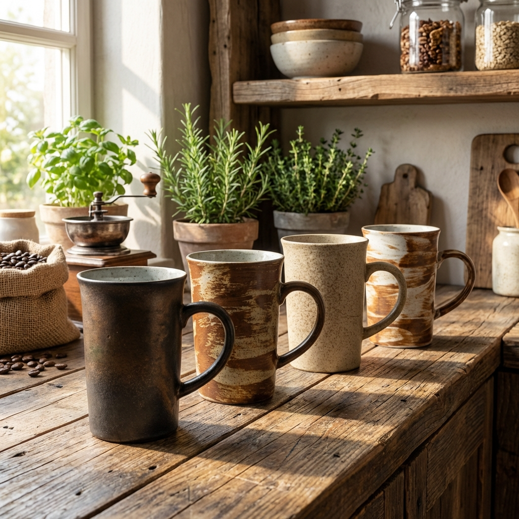 Earthy Ceramic Coffee Cup Set | 4 Piece Vintage Rustic Coffee Cups | 4 Earth-Inspired Designs | 350ml