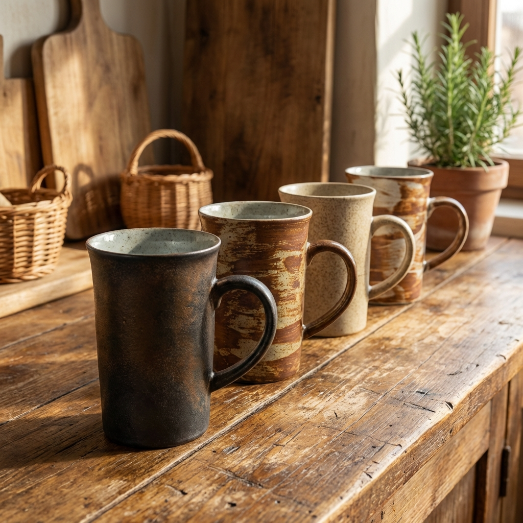 Earthy Ceramic Coffee Cup Set | 4 Piece Vintage Rustic Coffee Cups | 4 Earth-Inspired Designs | 350ml