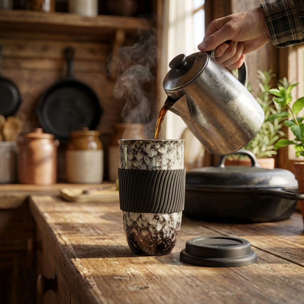 Reactive Glaze Ceramic Travel Cup | Marble Effect Coffee and Tea Cup to Go | 480ml with Silicone Lid and Band