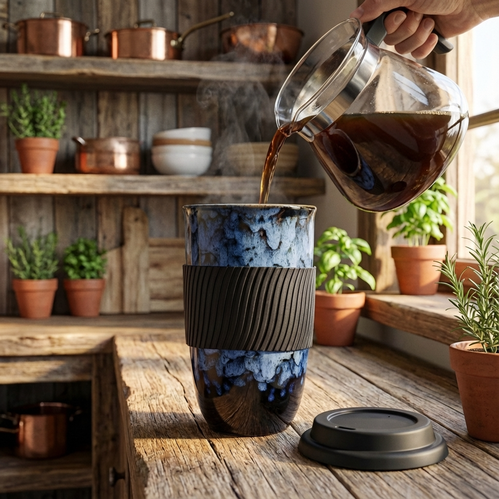 Reactive Glaze Ceramic Travel Cup | Marble Effect Coffee and Tea Cup to Go | 480ml with Silicone Lid and Band