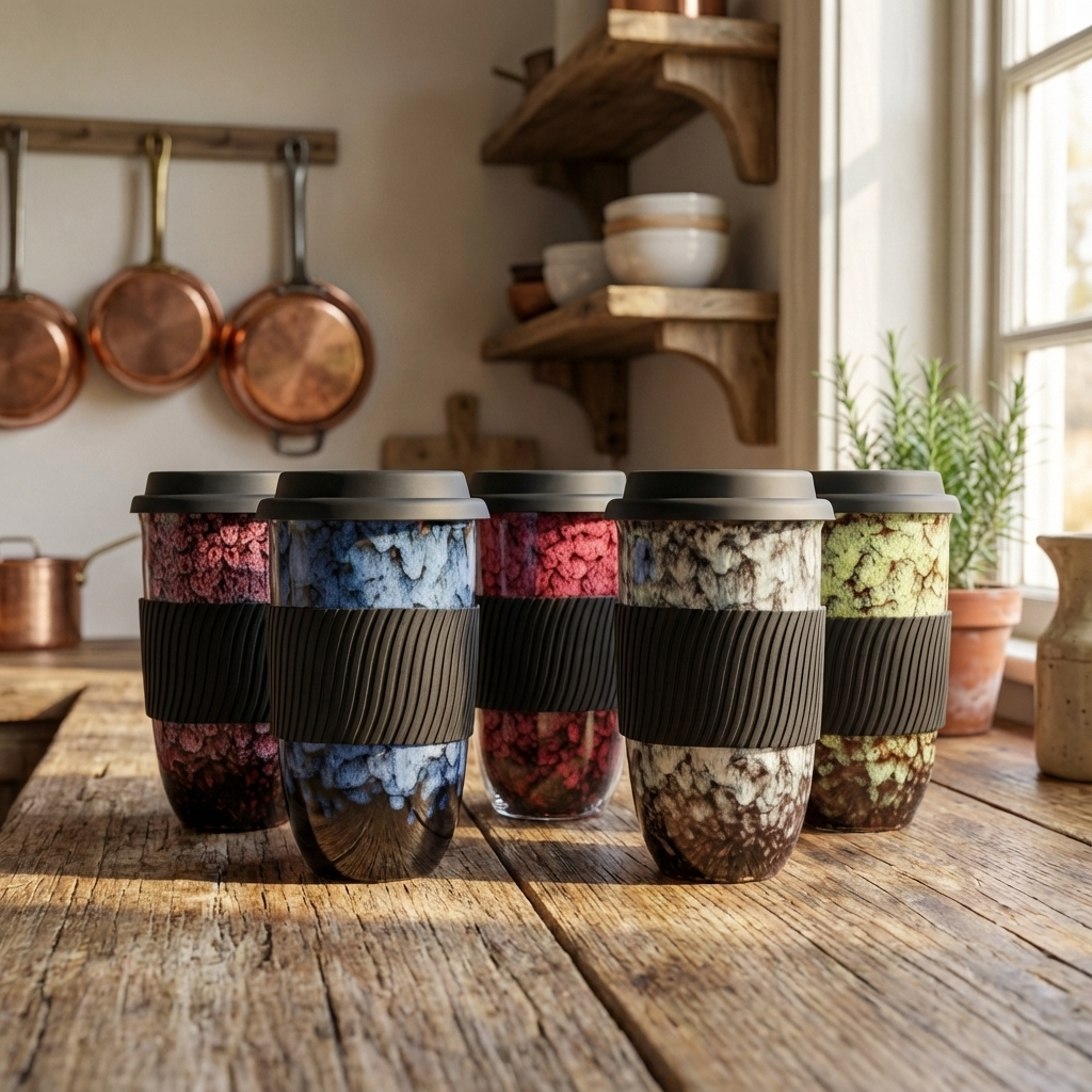 Reactive Glaze Ceramic Travel Cup | Marble Effect Coffee and Tea Cup to Go | 480ml with Silicone Lid and Band