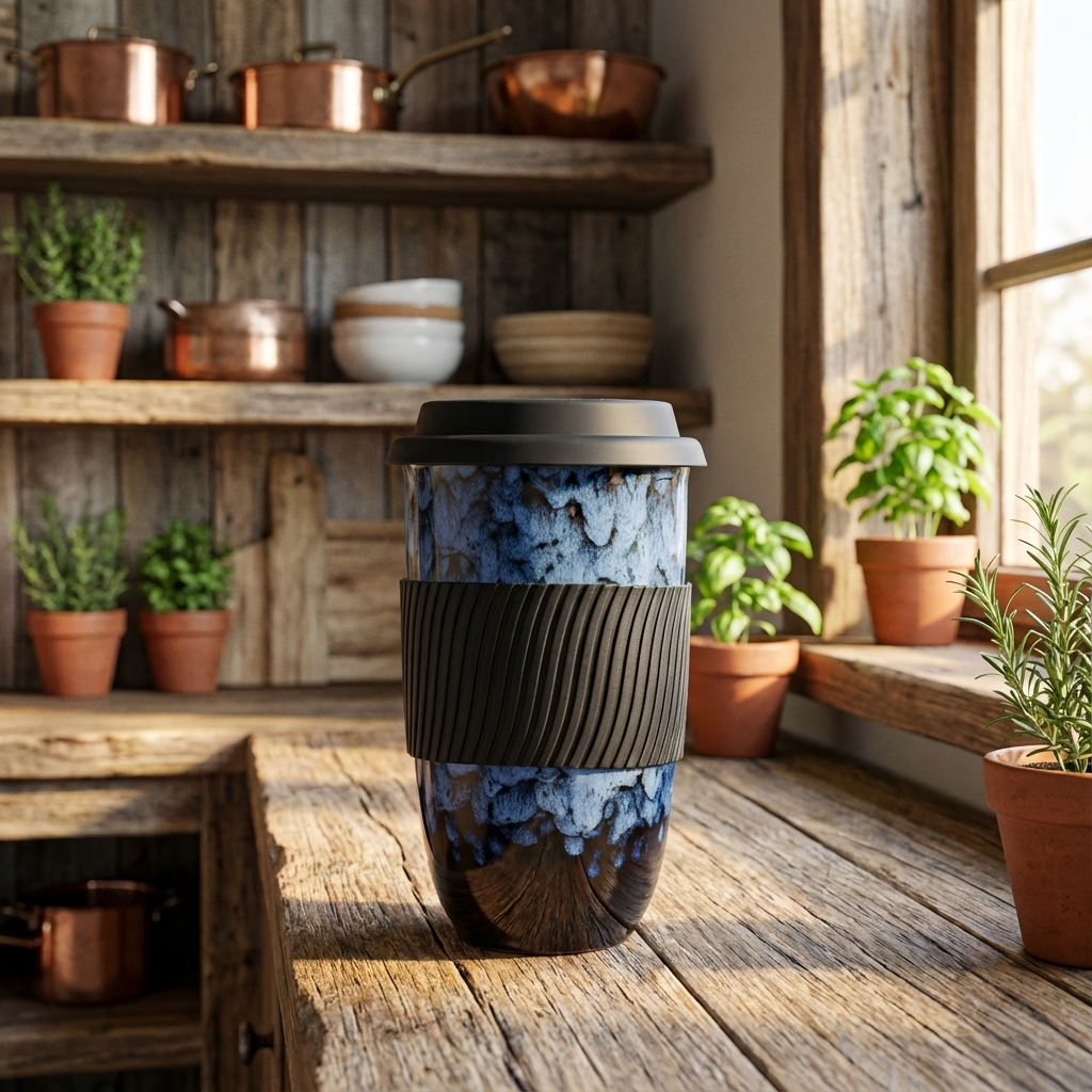 Reactive Glaze Ceramic Travel Cup | Marble Effect Coffee and Tea Cup to Go | 480ml with Silicone Lid and Band