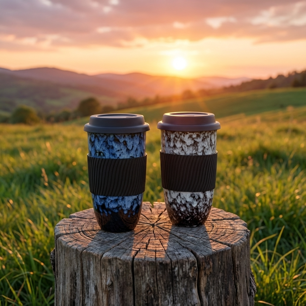 Reactive Glaze Ceramic Travel Cup | Marble Effect Coffee and Tea Cup to Go | 480ml with Silicone Lid and Band
