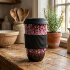Reactive Glaze Ceramic Travel Cup | Marble Effect Coffee and Tea Cup to Go | 480ml with Silicone Lid and Band