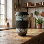 Reactive Glaze Ceramic Travel Cup | Marble Effect Coffee and Tea Cup to Go | 480ml with Silicone Lid and Band