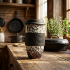 Reactive Glaze Ceramic Travel Cup | Marble Effect Coffee and Tea Cup to Go | 480ml with Silicone Lid and Band