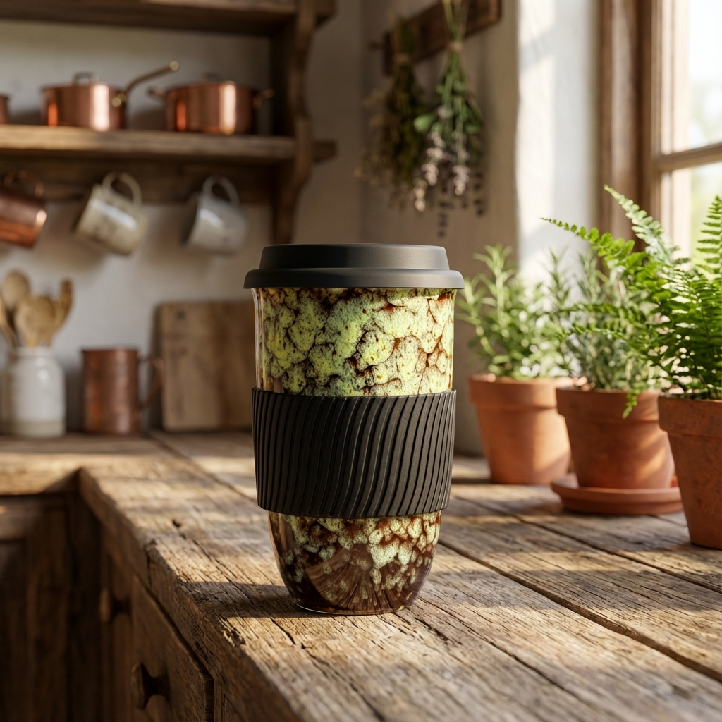 Reactive Glaze Ceramic Travel Cup | Marble Effect Coffee and Tea Cup to Go | 480ml with Silicone Lid and Band