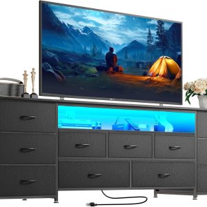 Huuger 63 Inch TV Stand for 65, 70 Inch TV, 11 Drawer Long Dresser with Power Outlets and LED Lights, Entertainment Center with Storage, Black Dresser with PU Leather Surface