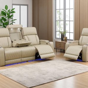 Leather Power Recliner Sofa Set, Living Room Furniture Sets, 2 Piece Reclining Sofa & Chair Set with Cup Holders, Breathing Leather Recliner Couches with Coffee Table for Home/Office, Khaki