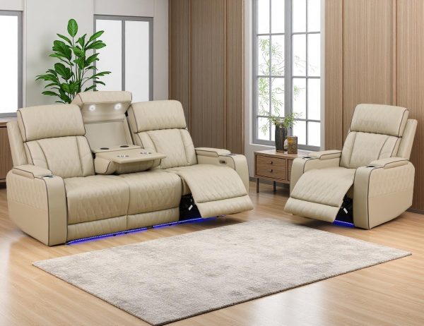 Leather Power Recliner Sofa Set, Living Room Furniture Sets, 2 Piece Reclining Sofa & Chair Set with Cup Holders, Breathing Leather Recliner Couches with Coffee Table for Home/Office, Khaki