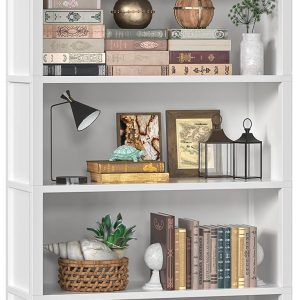 TVU 5-Tier Wooden Book Shelf, 65" Tall Bookshelf with Storage, Floor-Standing Display Bookcase, Farmhouse Style Bookshelf with Arched Base, Suitable for Living Room, Study, Office, White